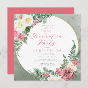 Elegant Pink Rose   Gold Frame Graduation Party Invitation