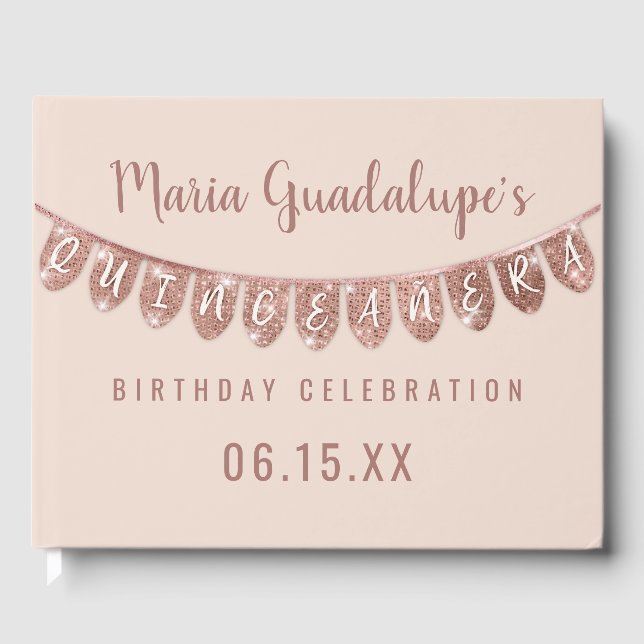 Elegant Pink Rose Gold Glitter Banner Quinceañera Guest Book (Front)