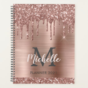 Elegant Pink Rose Gold Glitter Drips Monogram 2021 Planner