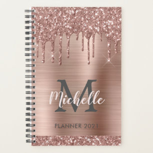 Elegant Pink Rose Gold Glitter Drips Monogram 2021 Planner
