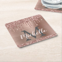 Elegant Pink Rose Gold Glitter Drips Monogram
