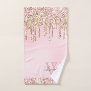 Elegant Pink Rose Gold Glitter Drips Monogrammed Hand Towel