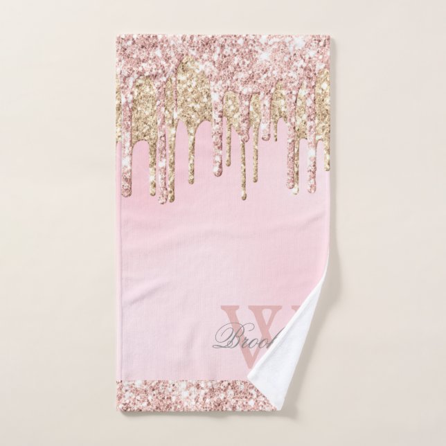 Elegant Pink Rose Gold Glitter Drips Monogrammed  Hand Towel (Hand Towel)