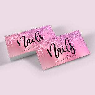 Elegant pink rose gold glitter drips nails business card