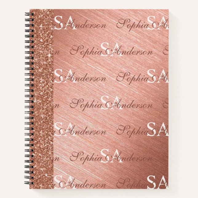Elegant Pink Rose Gold Glitter Metal Monogrammed Notebook (Front)