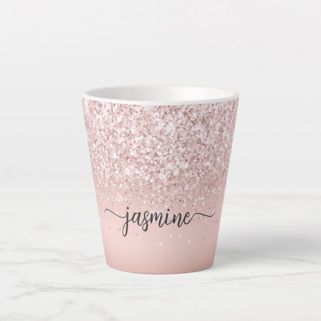 Elegant Pink Rose Gold Glitter Monogram Name  Latte Mug (Front)