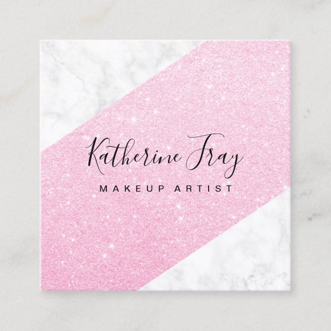 Elegant pink rose gold glitter white marble makeup square business card (Front)