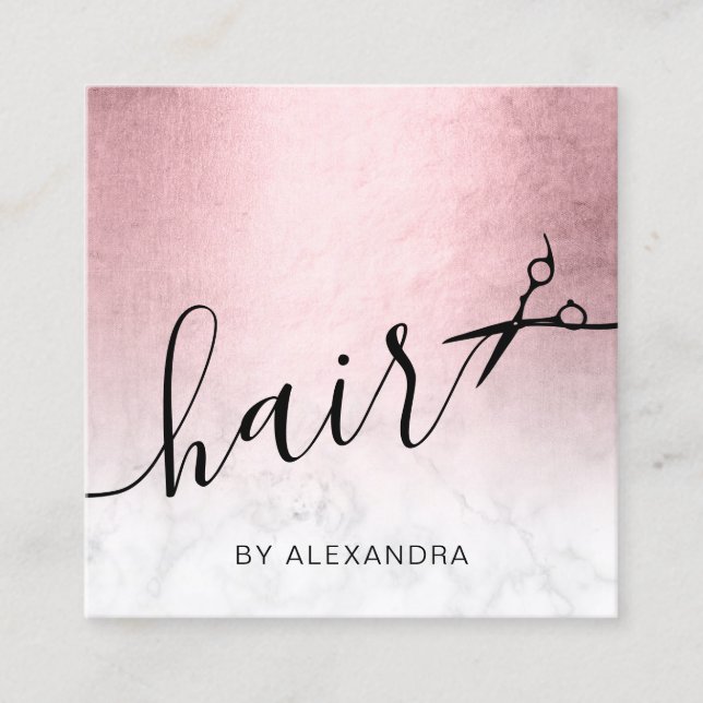 Elegant pink rose gold marble scissors hairstylist square business card (Front)