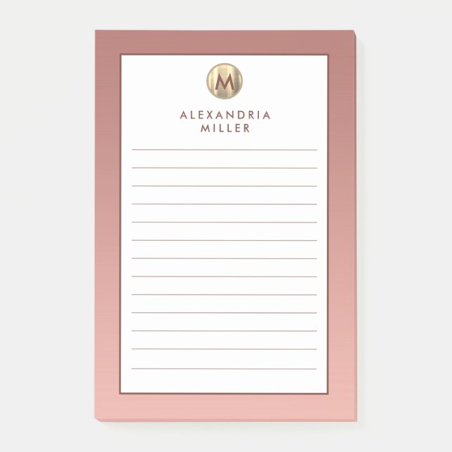 Elegant Pink Rose Gold Monogram Lined Post-it Notes (Front)