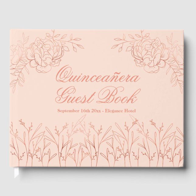 Elegant Pink Rose Gold Outline Floral Quinceanera Guest Book (Front)