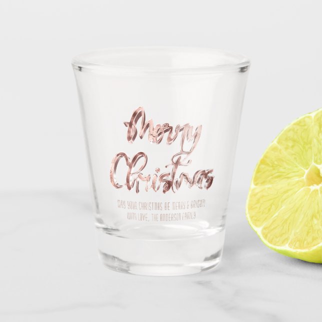 Elegant Pink Rose Gold Script Merry Christmas Shot Glass (Front)
