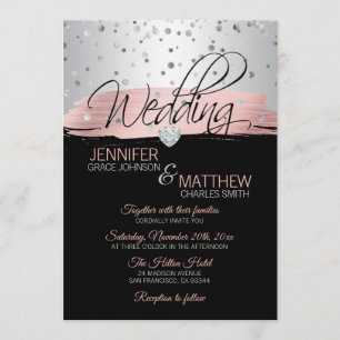 Elegant Pink Rose Gold Silver Black Wedding Invitation