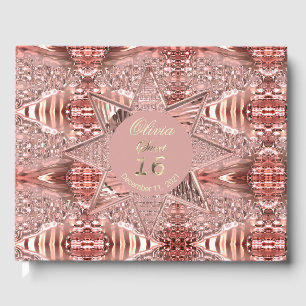 Elegant Pink Rose Gold Star Golden Text Sweet 16 Guest Book