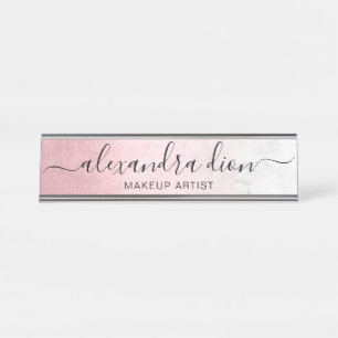 Elegant pink rose gold white marble makeup artist desk name plate