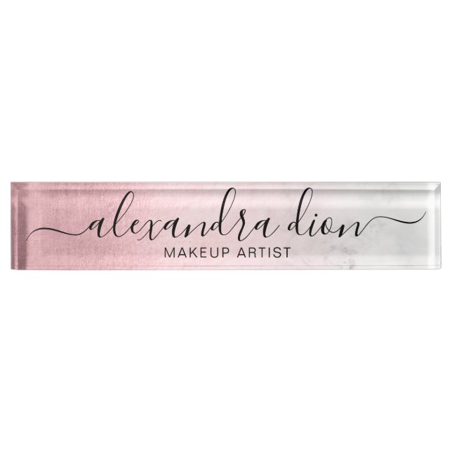 Elegant pink rose gold white marble makeup artist nameplate (Front)