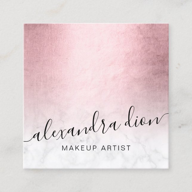 Elegant pink rose gold white marble makeup artist square business card (Front)