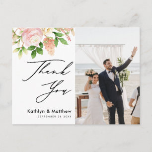 Elegant Pink Rose Greenery Photo Wedding Thank You Postcard
