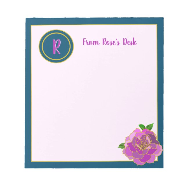 Elegant Pink Rose Monogram Script Notepad (Front)