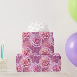 Elegant Pink Rose Mosaic Pattern Birthday Wrapping Paper