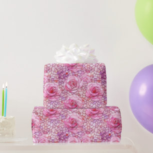 Elegant Pink Rose Mosaic Pattern Birthday Wrapping Paper