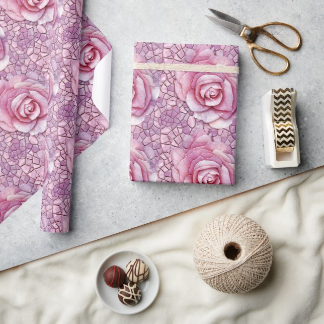 Elegant Pink Rose Mosaic Pattern Wrapping Paper (Crafts)