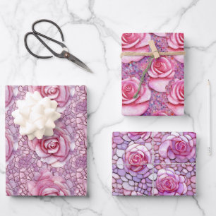 Elegant Pink Rose Mosaic Pattern Wrapping Paper Sheet