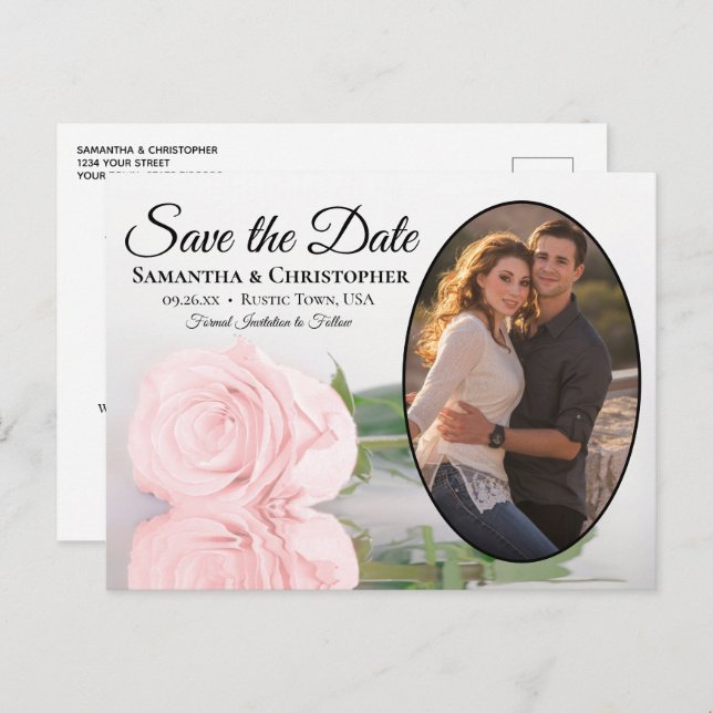 Elegant Pink Rose Oval Photo Wedding Save The Date Announcement Postcard (Front/Back)