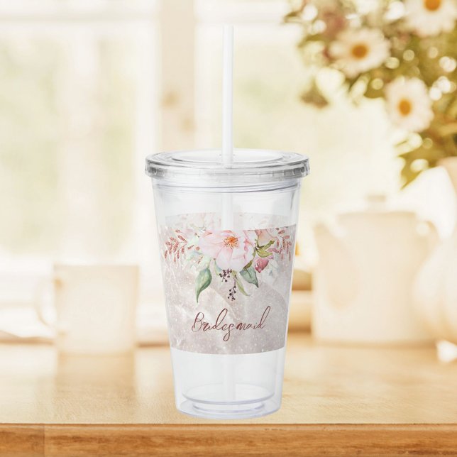 Elegant Pink Rose Peony Floral Marble  Acrylic Tumbler (In situ)