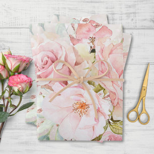 Elegant Pink Rose Peony Floral Marble Glitter Wrapping Paper Sheet