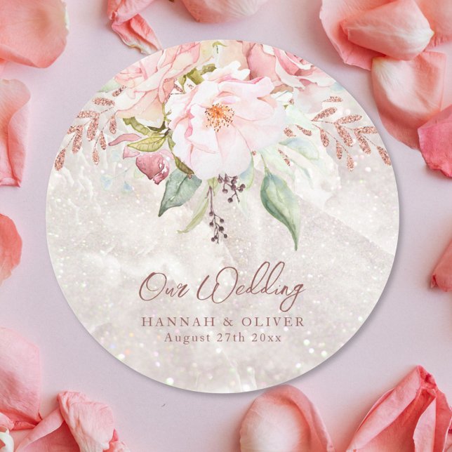 Elegant Pink Rose Peony Floral Marble Wedding  Classic Round Sticker (Close up)