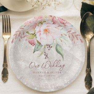 Elegant Pink Rose Peony Floral Marble Wedding  Paper Plate