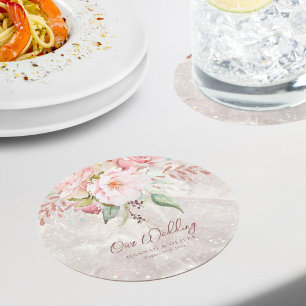 Elegant Pink Rose Peony Floral Marble Wedding Round Paper Coaster