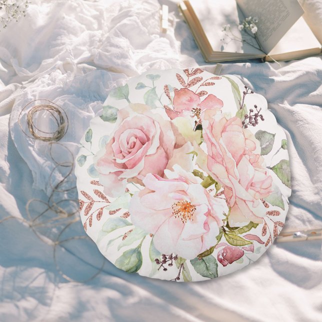 Elegant Pink Rose Peony Floral Nursery Round Cushion (In situ)