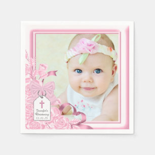 Elegant Pink Rose Photo Christening Napkin