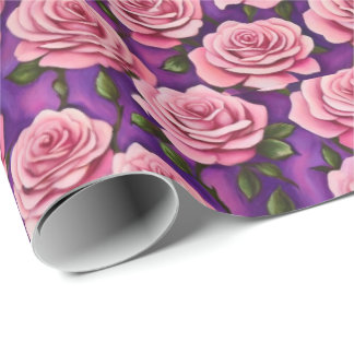 Elegant Pink Rose Purple Background Wrapping Paper
