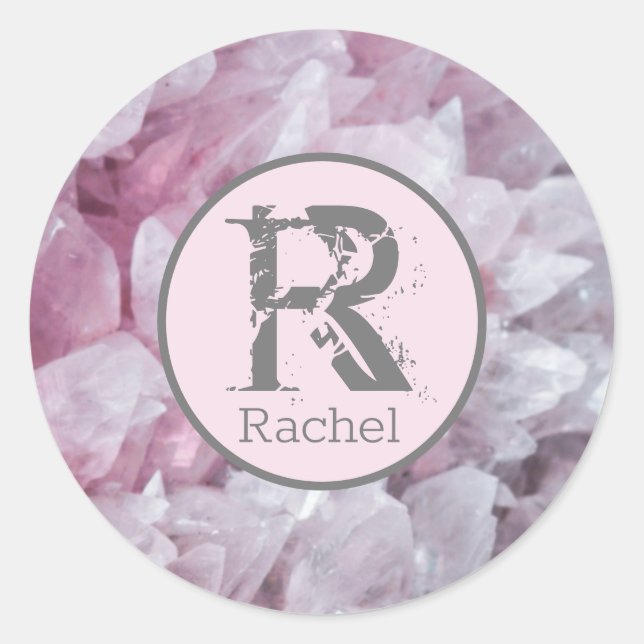 Elegant Pink Rose Quartz Name Monogram Template Classic Round Sticker (Front)