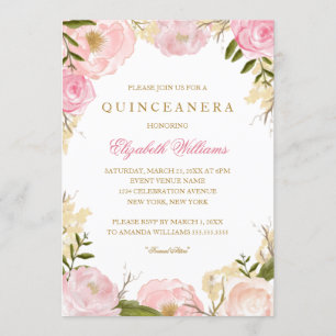 Elegant Pink Rose Quinceanera Invitation