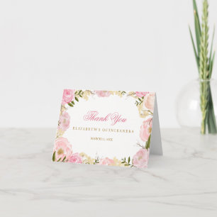 Elegant Pink Rose Quinceanera Thank You Card