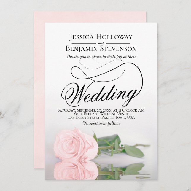 Elegant Pink Rose Reflection Romantic Wedding Invitation (Front/Back)