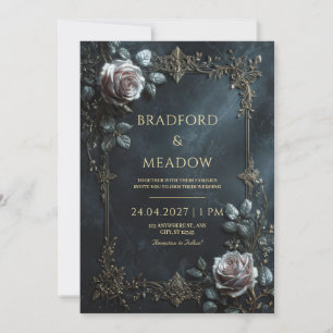 Elegant Pink Rose Silver Leaf Frame Wedding Invitation