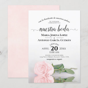 Elegant Pink Rose Spanish Nuestra Boda Wedding Invitation