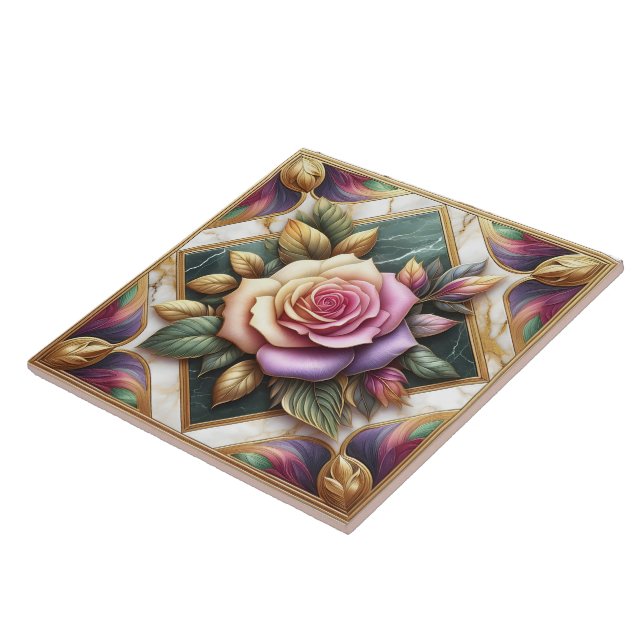 Elegant Pink Rose Surrounded by Colourful Leaves Ceramic Tile (Side)