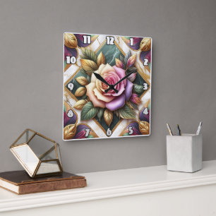 Elegant Pink Rose Surrounded by Colourful Leaves Square Wall Clock
