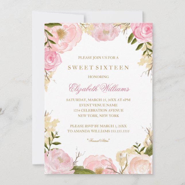 Elegant Pink Rose Sweet Sixteen invite (Front)