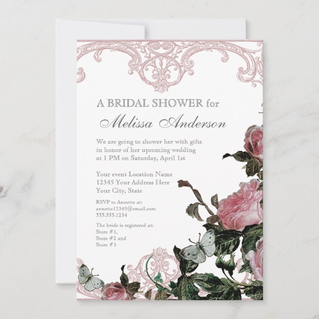 Elegant Pink Rose Trellis Vintage Bridal Shower Invitation (Front)
