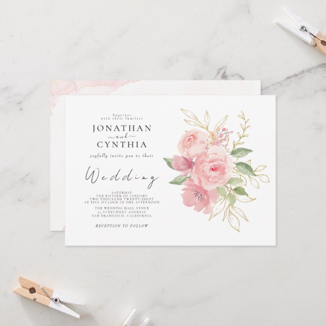 Elegant Pink Rose Watercolor Golden Floral Wedding Invitation (Front/Back In Situ)
