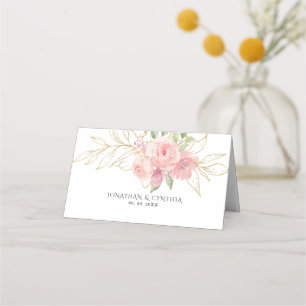 Elegant Pink Rose Watercolor Golden Floral Wedding Place Card