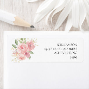 Elegant Pink Rose Watercolor Golden Floral Wedding Return Address Label