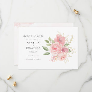 Elegant Pink Rose Watercolor Golden Floral Wedding Save The Date