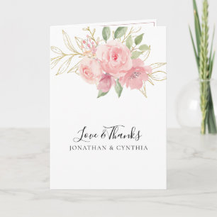 Elegant Pink Rose Watercolor Golden Floral Wedding Thank You Card